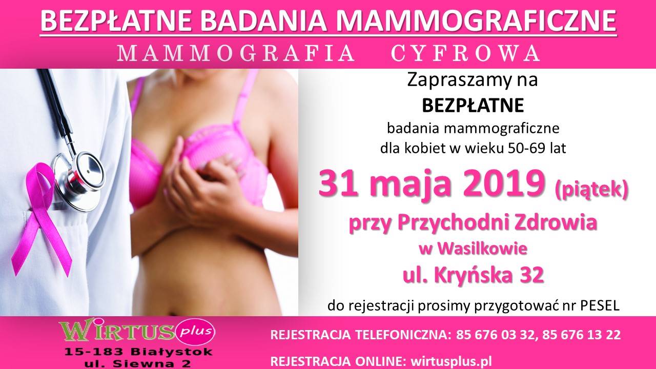 Zapraszamy Panie w wieku 50-69 lat na bezpłatną mammografię w Wasilkowie