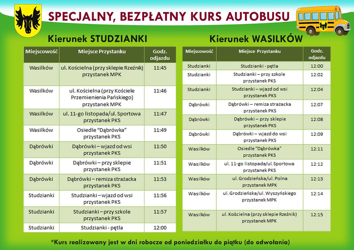 Zmiana rozkładu jazdy specjalnego autobusu na trasie: Studzianki - Dąbrówki – Wasilków