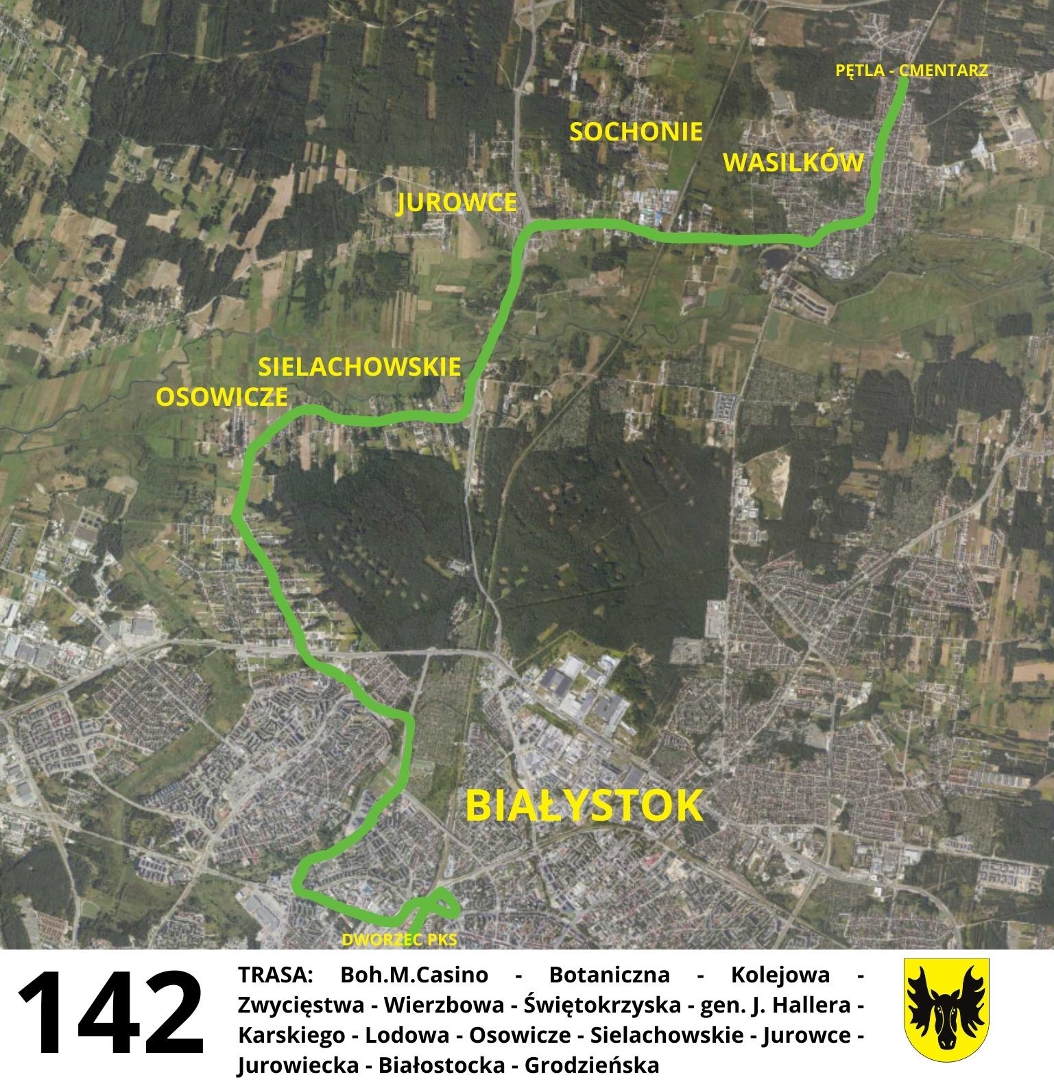 mapa trasy linii autobusowej nr 142